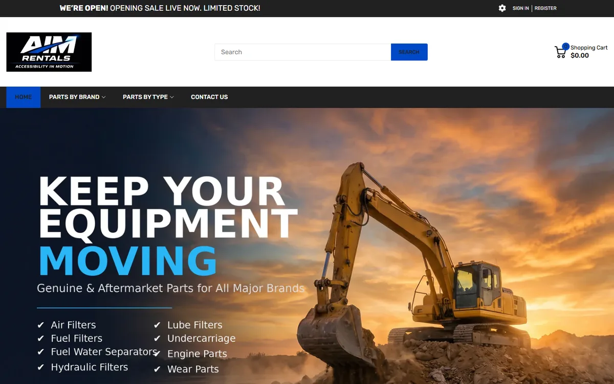 Rent With AIM homepage screenshot — excavator at sunset with the headline 'Keep Your Equipment Moving' and a parts catalog interface
