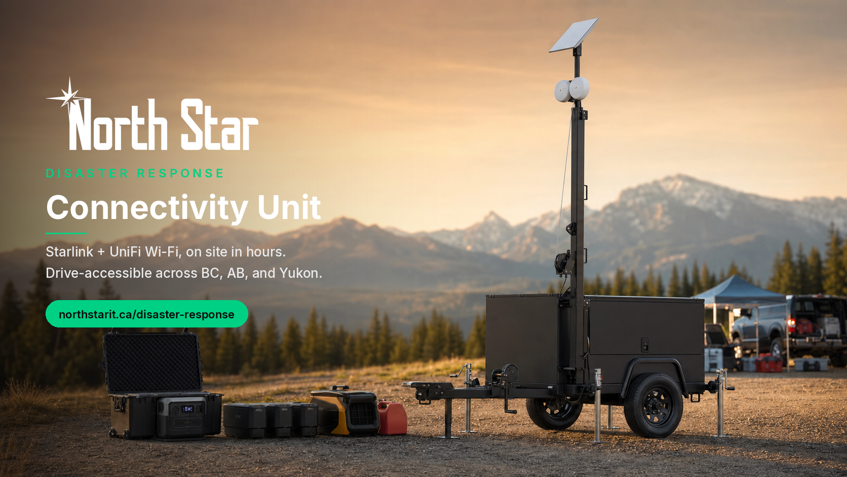 North Star IT Disaster Response Connectivity Unit on a trailer with Starlink, UniFi Wi-Fi, and EcoFlow power, staged in front of a mountain camp.