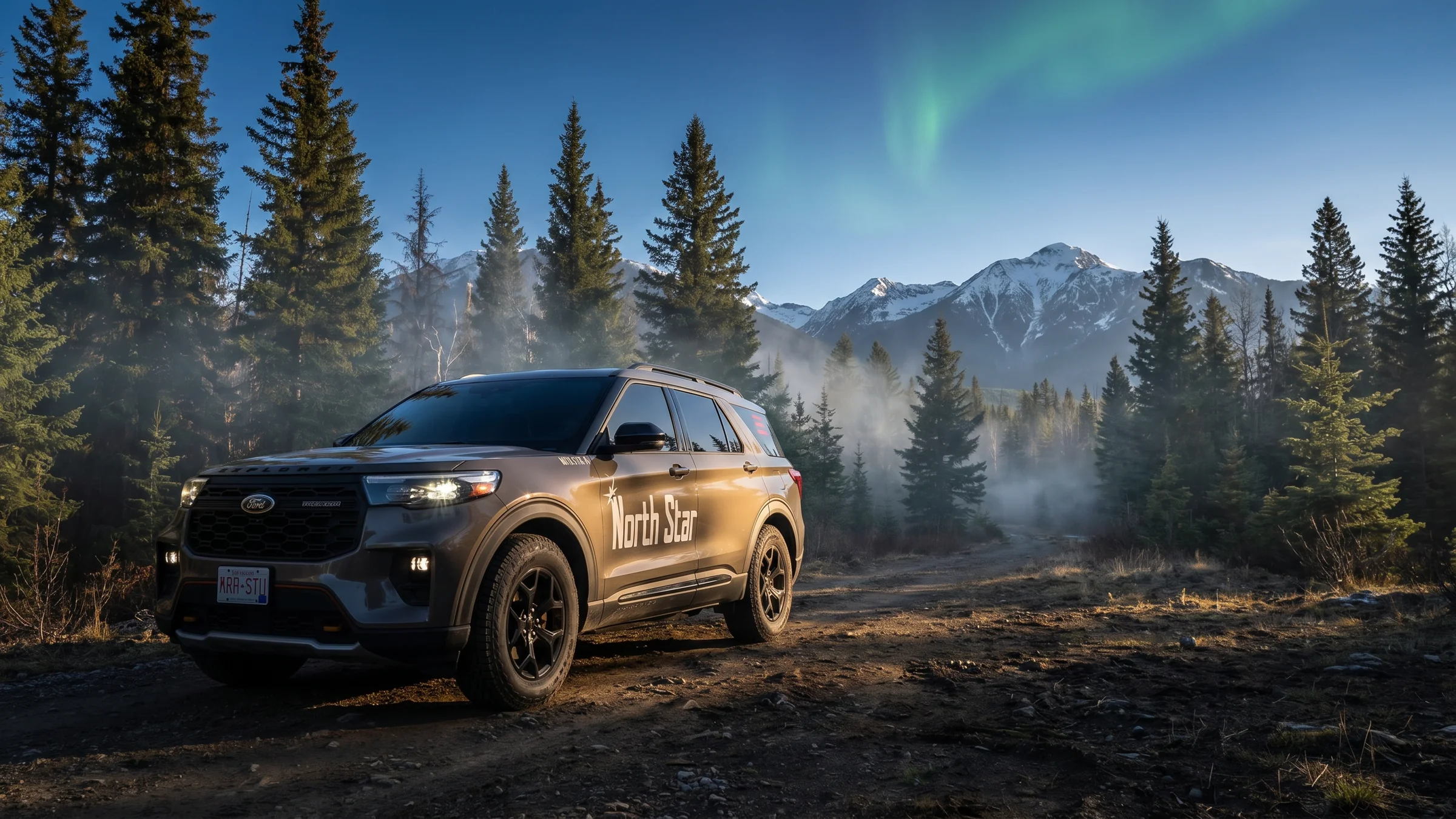 NRTHSTR-V1 — a 2026 Ford Explorer Tremor parked in remote northern wilderness at golden hour with aurora borealis overhead