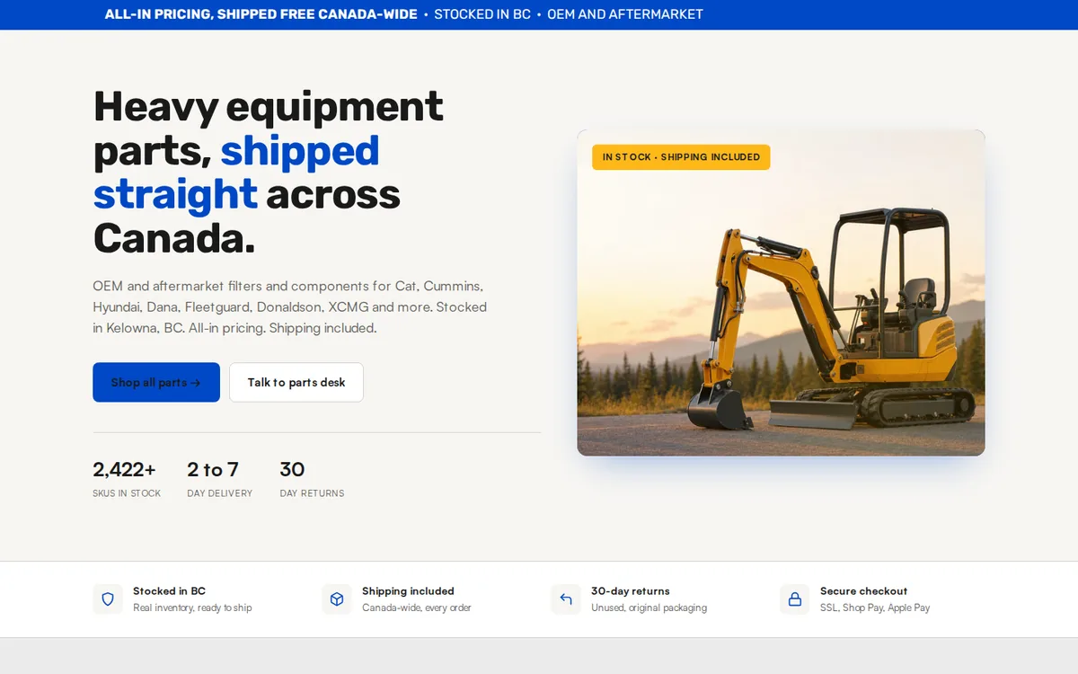 Rent With AIM homepage, an excavator at sunset with the headline Keep Your Equipment Moving and a parts catalog interface