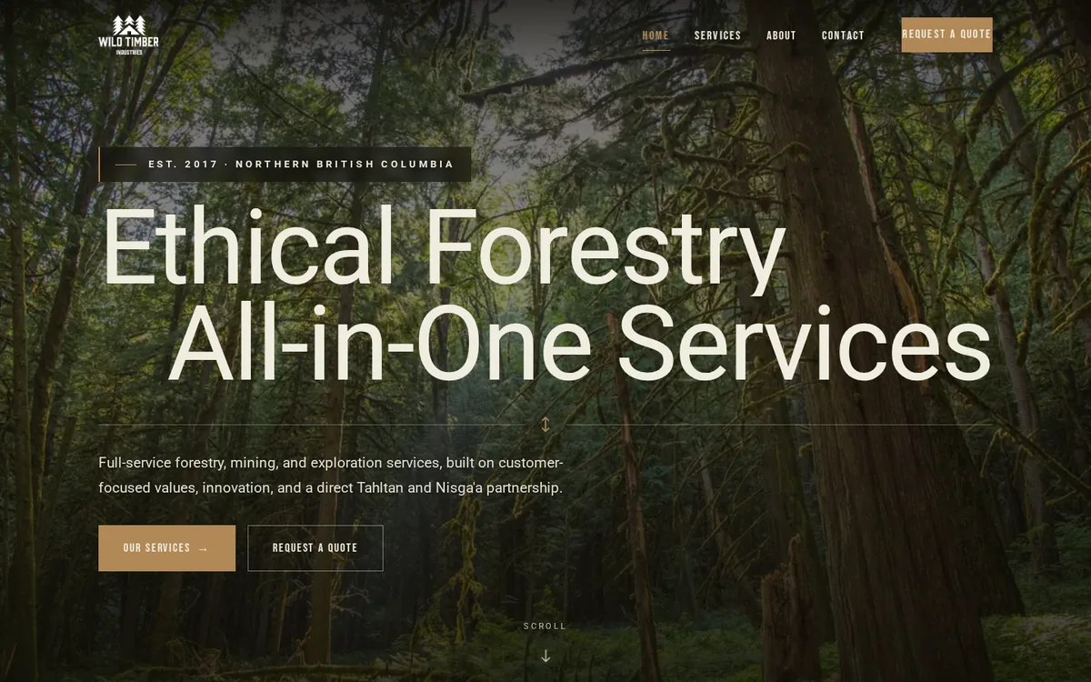 Wild Timber Industries homepage, a dense northern BC forest with the headline Ethical Forestry