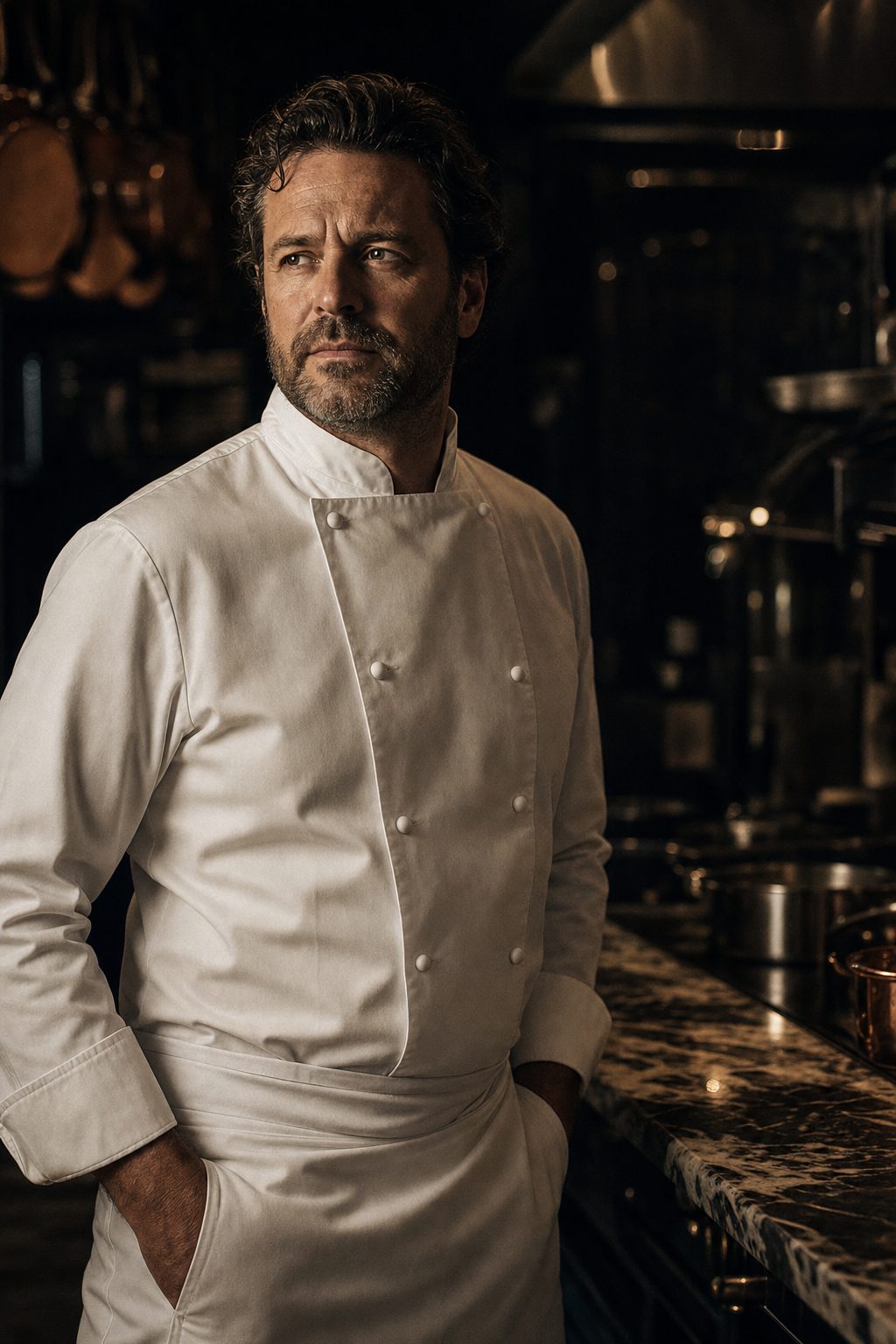 Executive chef Marcus Vance, portrait in chef's whites in the kitchen