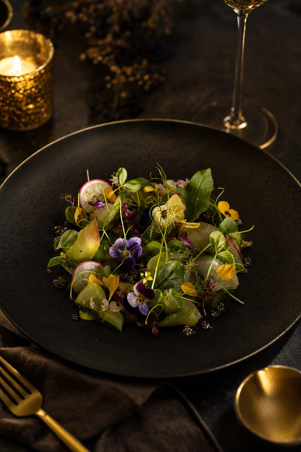 A composed salad of fresh greens and edible flowers