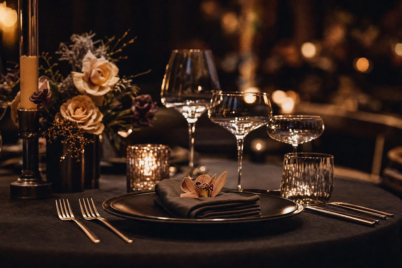 Candlelit dining room with set tables at dusk