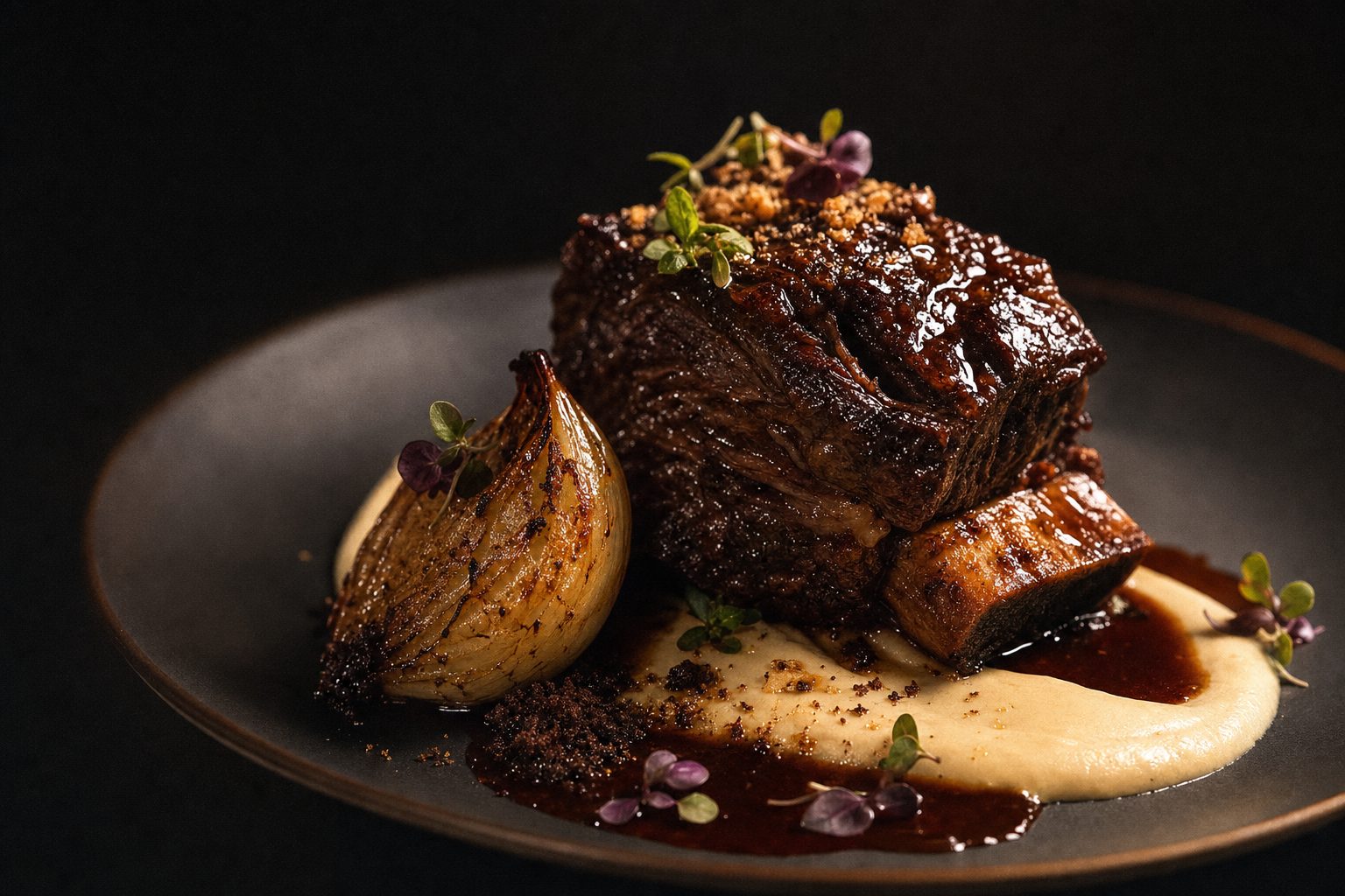 A gourmet main course plated on a dark plate