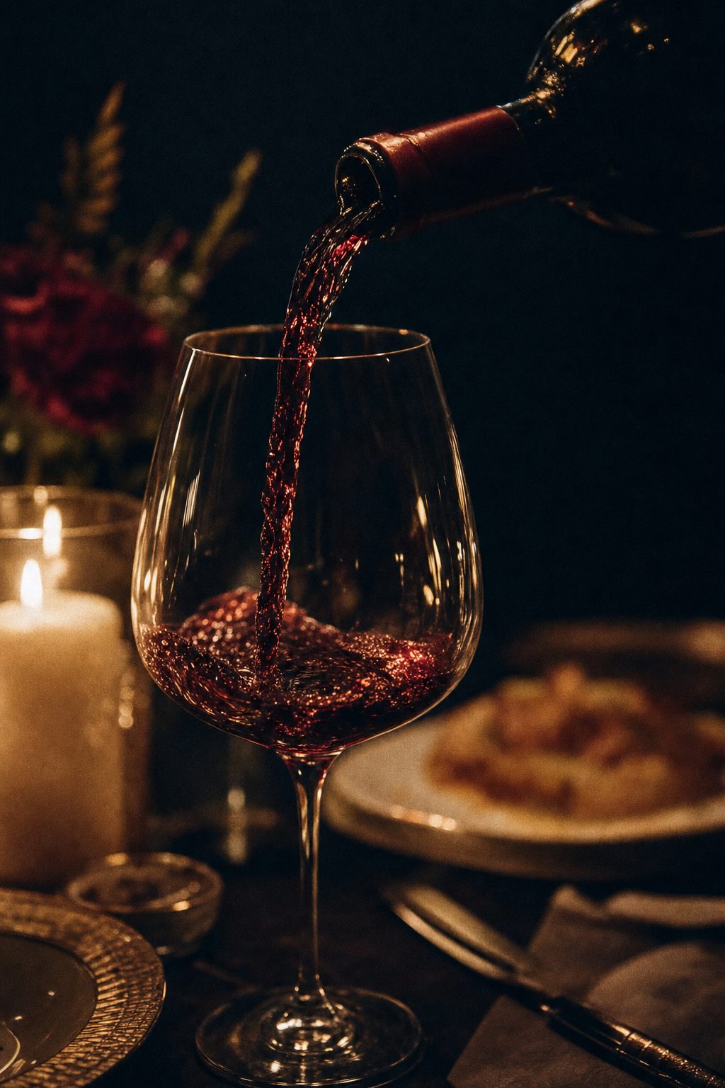 Red wine being poured into a glass at the table