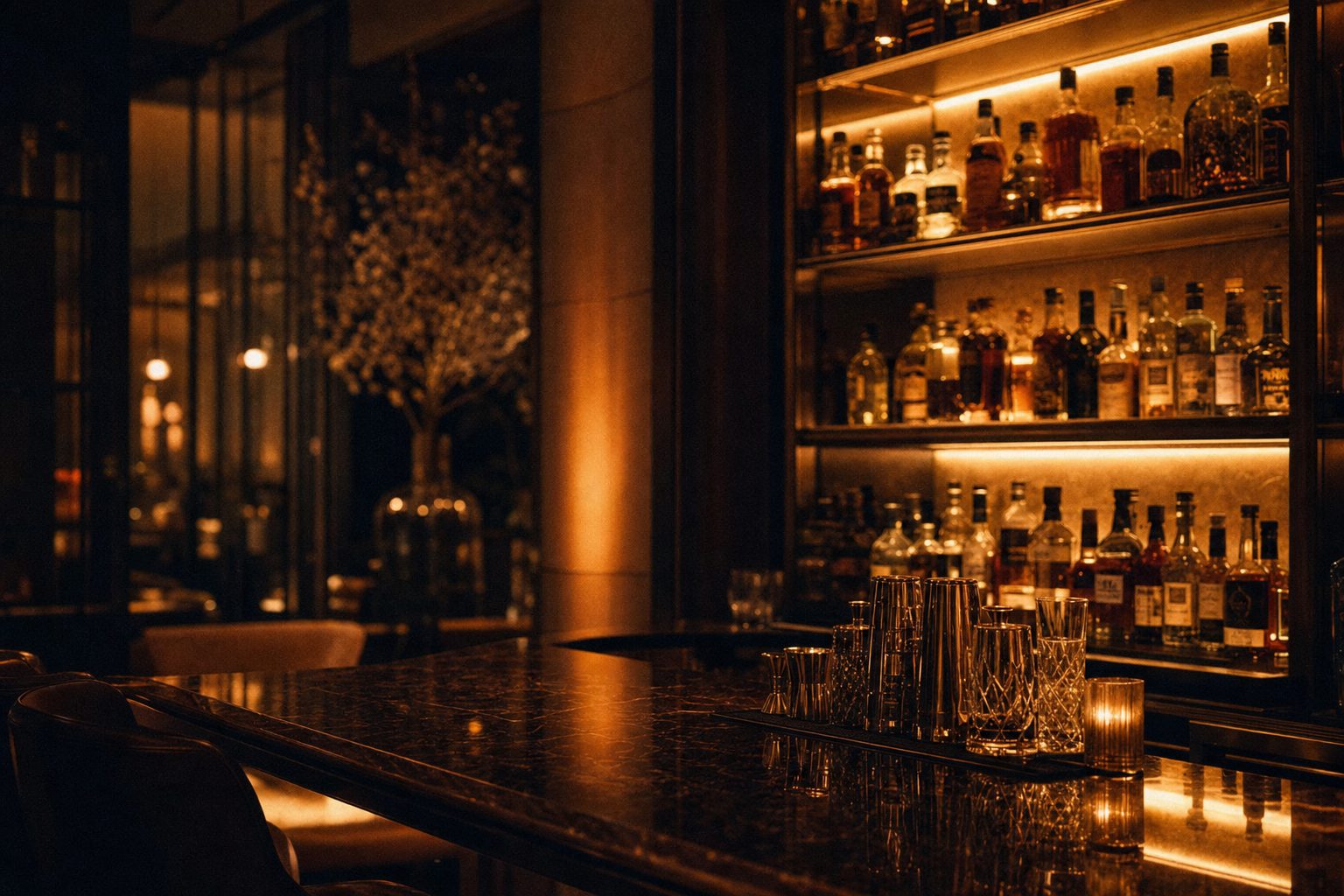 An intimate bar lit with warm amber light